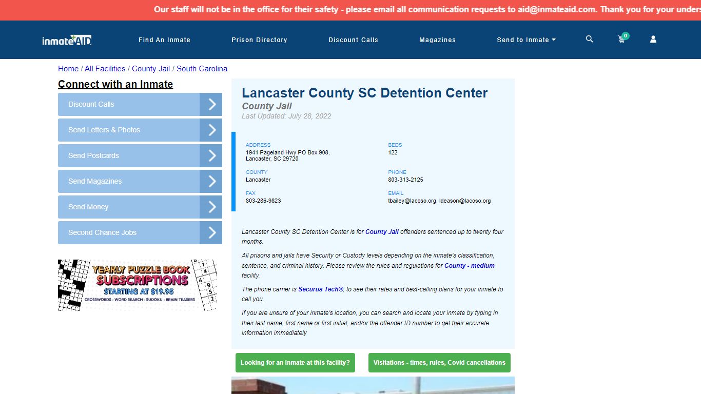 Lancaster County SC Detention Center - Inmate Locator - Lancaster, SC